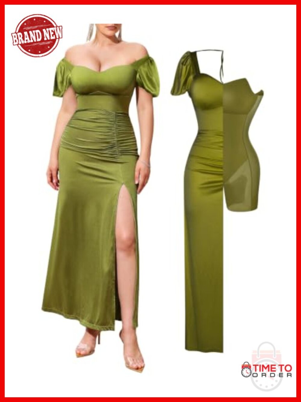Popilush Maxi Shapewear Dress Puff Sleeve Sweetheart Built-in Bra